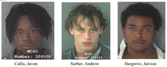 From left to right are booking photos of Javon Callis, Andrew Surber, and Jaivion Hargrove.